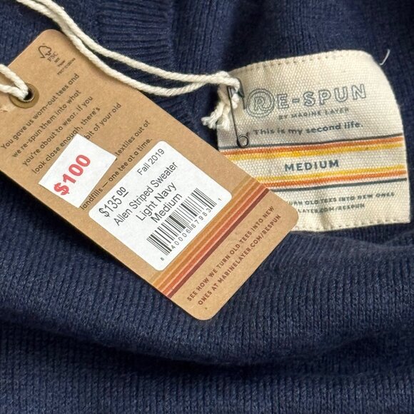 Marine Layer Re-Spun Allen Striped knit Sweater Light navy crew size medium new - Picture 3 of 9